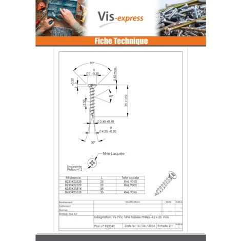Vis PVC Inox A2 Tête Fraisée Bombée TFB Phillips 4.2X25 Laqué Blanc RAL9010 Blanc Pur Conditionnement: Unitaire 4 Vis PVC Inox A2 Tête Fraisée Bombée TFB Phillips 4.2X25 Laqué Blanc RAL9010 Blanc Pur Conditionnement: Unitaire – Image 2