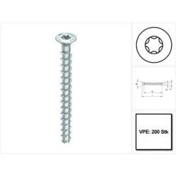 HECO MULTI MONTI Plus F Vis D'ancrage 5,0x60mm, Vis à Béton, Tête Fraisée, T-Drive, Zinguée Bleue, A2K, 200 Pcs. (54267)