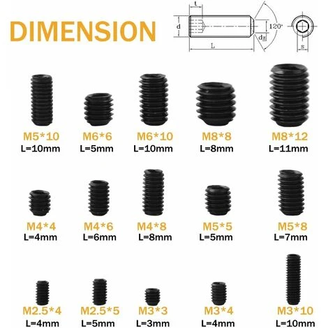 M2.5 M3 M4 M5 M6 M8 Vis Sans Tête Hexagonale,Set Assortiment Kit De Acier Au Carbone Douille Hexagonale Vis-pointeau Vis Avec Entraînement Hexagonal Interne,Irisfr(300Pcs,le Noir) 4 M2.5 M3 M4 M5 M6 M8 Vis Sans Tête Hexagonale,Set Assortiment Kit De Acier Au Carbone Douille Hexagonale Vis-pointeau Vis Avec Entraînement Hexagonal Interne,Irisfr(300Pcs,le Noir) – Image 2
