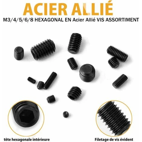 M2.5 M3 M4 M5 M6 M8 Vis Sans Tête Hexagonale,Set Assortiment Kit De Acier Au Carbone Douille Hexagonale Vis-pointeau Vis Avec Entraînement Hexagonal Interne,Irisfr(300Pcs,le Noir) 5 M2.5 M3 M4 M5 M6 M8 Vis Sans Tête Hexagonale,Set Assortiment Kit De Acier Au Carbone Douille Hexagonale Vis-pointeau Vis Avec Entraînement Hexagonal Interne,Irisfr(300Pcs,le Noir) – Image 3
