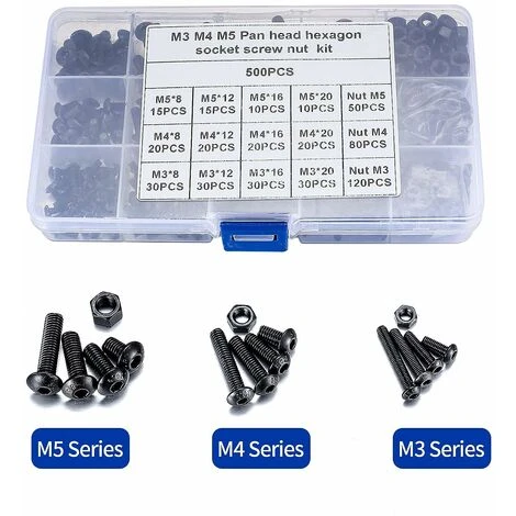500 Pièces M3/M4/M5 Vis à Six Pans Creux, Vis Bouton Avec écrou à Tête Hexagonale Assortiment Kit - Noir 5 500 Pièces M3/M4/M5 Vis à Six Pans Creux, Vis Bouton Avec écrou à Tête Hexagonale Assortiment Kit - Noir – Image 3