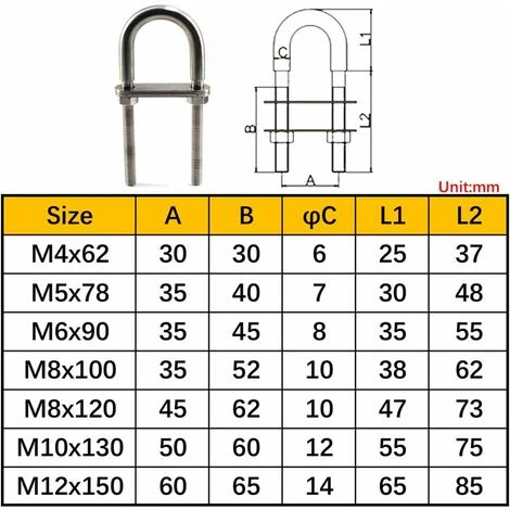Lot De 4 Boulons D'arrimage En U M6 X 90 En Acier Inoxydable 304, 7 Lot De 4 Boulons D'arrimage En U M6 X 90 En Acier Inoxydable 304, – Image 5