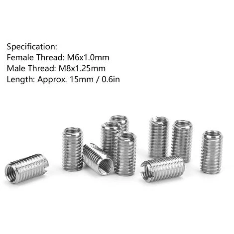 10pcs Intérieur M6 1.0 Extérieur M8 1.25 Lueur 15mm Inserts Filetés à Fente 4 10pcs Intérieur M6 1.0 Extérieur M8 1.25 Lueur 15mm Inserts Filetés à Fente – Image 2