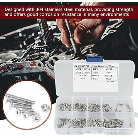 230pcs M2 304 Vis à Métaux, Vis Cylindriques Tête Plate Boulon En Acier Inoxydable écrous Assortiment Kit 4 230pcs M2 304 Vis à Métaux, Vis Cylindriques Tête Plate Boulon En Acier Inoxydable écrous Assortiment Kit – Image 2