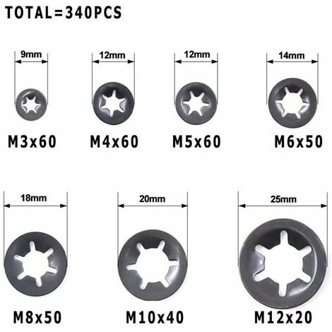 Rondelles, 340 Pièces Rondelles De Verrouillage à Vitesse Rapide, Finition Oxyde Noir Fixation Rapide Clips De Vitesse Kit D'Asortiment (M3 / M4 / M5 / M6 / M8 / M10 / M12) 4 Rondelles, 340 Pièces Rondelles De Verrouillage à Vitesse Rapide, Finition Oxyde Noir Fixation Rapide Clips De Vitesse Kit D'Asortiment (M3 / M4 / M5 / M6 / M8 / M10 / M12) – Image 2