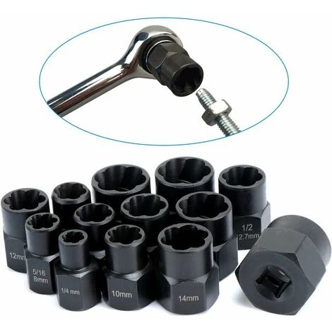 Jeu De 13 Douilles - Extracteur De Boulons Endommagés De 9,5 Mm - Pour Retirer Les écrous De Roue Verrouillables 5 Jeu De 13 Douilles - Extracteur De Boulons Endommagés De 9,5 Mm - Pour Retirer Les écrous De Roue Verrouillables – Image 3