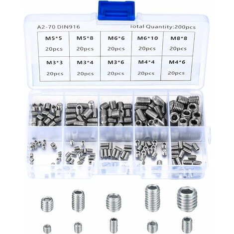 200 Pièces Vis Sans Tête En Acier Inox, M3 M4 M5 M6 M8 Vis à Métaux, Assortiment Kit De Fixations Vis Pointeau 3 200 Pièces Vis Sans Tête En Acier Inox, M3 M4 M5 M6 M8 Vis à Métaux, Assortiment Kit De Fixations Vis Pointeau