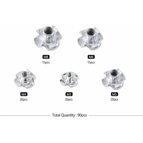 90pcs Ecrou En T 4 Griffes, Ecrous En T En Acier Au Carbone, M3/M4/M5/M6/M8, Travail Du Bois Meuble, Écrou Inserts En Acier Au Carbone T 4 90pcs Ecrou En T 4 Griffes, Ecrous En T En Acier Au Carbone, M3/M4/M5/M6/M8, Travail Du Bois Meuble, Écrou Inserts En Acier Au Carbone T – Image 2